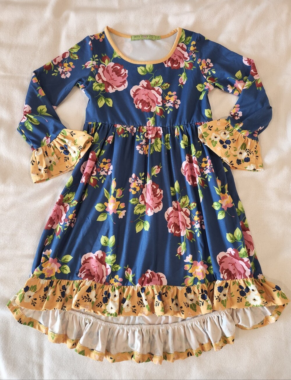 Millie Loves Lily Blue Floral Rose Ruffled Knit Dress Girls Size 8